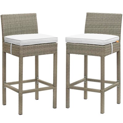 Modway Conduit Bar Stool Outdoor Patio Wicker Rattan Set of 2 - Light Gray White