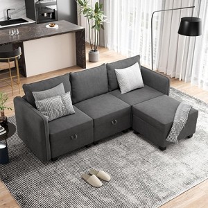 Grey L-Shape Sectional Sofa - 3-seater with ottoman, under-seat storage & chenille fabric. Perfect for living room. - 1 of 4