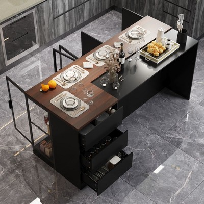 Famapy Woodgrain Desktop Black Computer Desk Office Desk Composite Lighting Glass Cabinet Large Desktop
