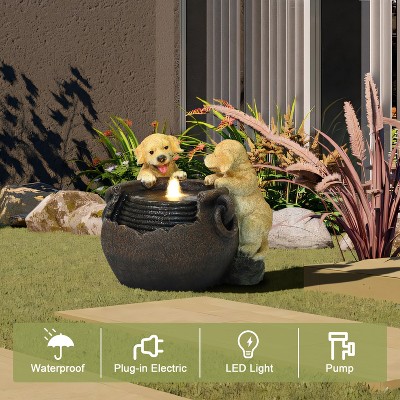 Farmhouse Resin Outdoor Fountain with Puppies and Lights