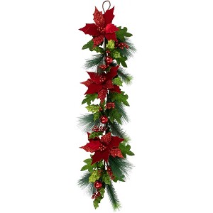 Northlight 48" Glittered Red Poinsettia and Long Pine Christmas Swag, Unlit - 1 of 4