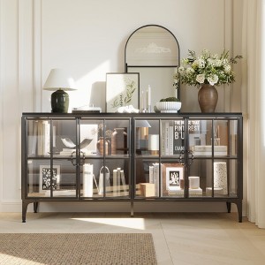 Famapy Glass Door Bookshelves Bookcase Display Storage Cabinet Sideboard with Metal Frame and LED Light for Dining Room - 1 of 4