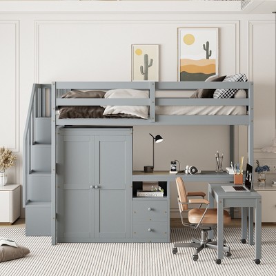 VYNXARIA Full Size Loft Bed with Stairs, Bookshelf, Drawers, Desk & Wardrobe - Space-Saving Gray