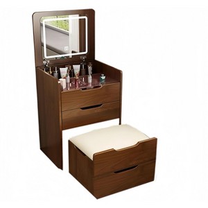 Gulches 60cm Walnut 3-in-1 Vanity Desk - Flip Top Mirror, Glass Desktop, 3 Drawers, Bedroom Dressing Table (Back to School) - 1 of 4