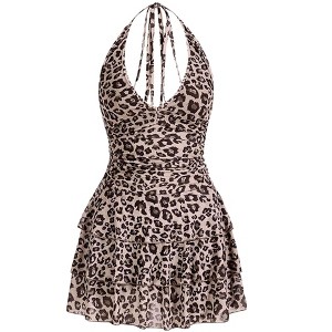 INSPIRE CHIC Women's Sleeveless V Neck Halter Leopard Print Tiered A-Line Mini Dress Small Beige Leopard
