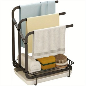 DOMETOUR Sink Caddy Sponge Holder, Dishcloth Holder with Drain Pan, Stainless Steel Kitchen Sink Organizer for Dish Rag Soap Brush - 1 of 4