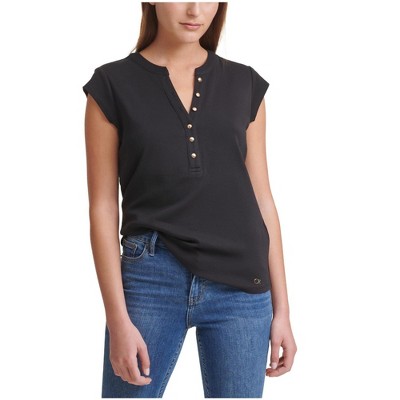 Calvin Klein Womens Button Front Cap Sleeve Henley Shirt