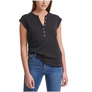 Calvin Klein Womens Button Front Cap Sleeve Henley Shirt - 1 of 1