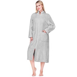 PAVILIA Womens Fluffy Housecoat Zip Robe, Faux Shearling Zipped Up Front Bathrobe, Plush Warm Zipper House Coat Lounger - 1 of 4