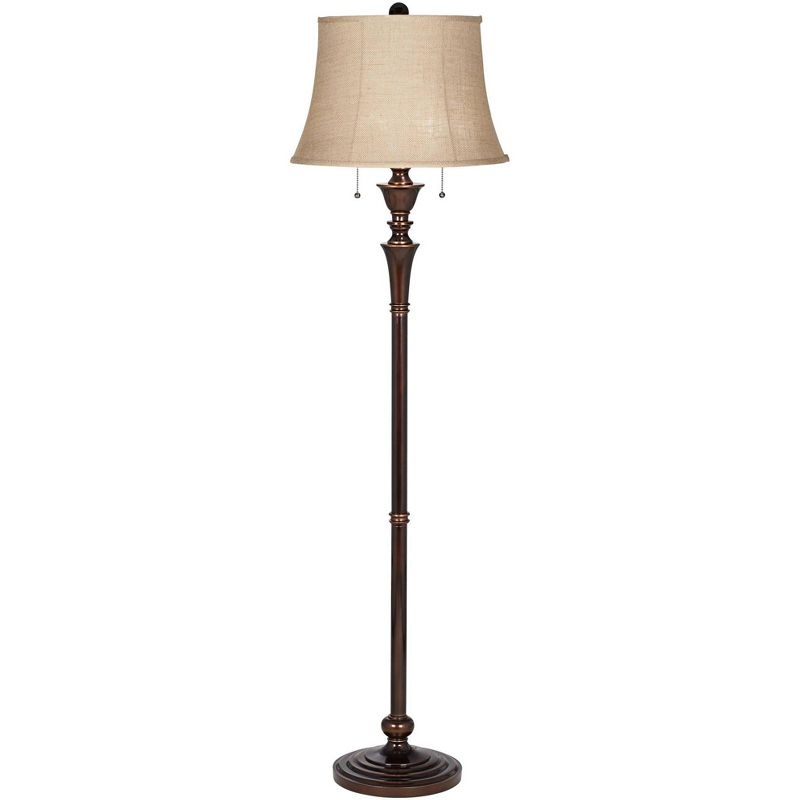 Regency Hill Brooke Rustic Vintage Retro Floor Lamp Standing 60" Tall Rich Bronze Copper Burlap Bell Shade for Living Room Bedroom Office House Home, 1 of 11