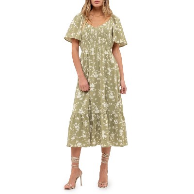 August Sky Women's Short Flounce Sleeves Floral Midi Dress