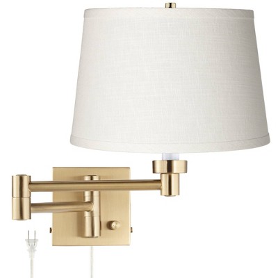 Barnes and Ivy Modern Swing Arm Wall Lamp Warm Antique Brass Plug-In Light Fixture White Linen Drum Shade Bedroom Bedside Reading