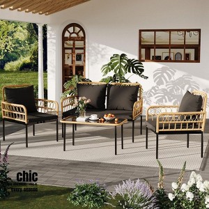 Jojoka 4pc Patio Furniture Set, Wicker Outdoor Conversation Set with Loveseat, 2 Chairs & Glass Table for Apartment, Porch, Backyard, or Bistro - 1 of 4