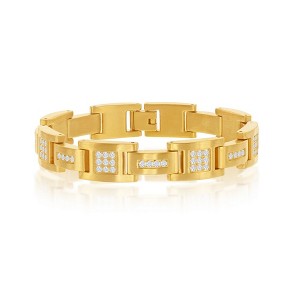 Metallo Stainless Steel Matte CZ Link Bracelet - Gold Plated - Gold - 8.5 Inch - 1 of 4