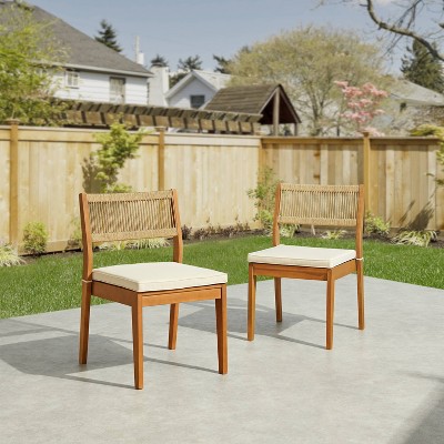 Barton Natural Eucalyptus Wood Stackable Dining Chairs with Cushions - Set of 2