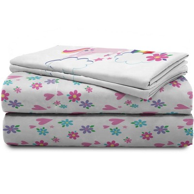 White Microfiber Toddler Sheet Set with Floral and Hearts Design