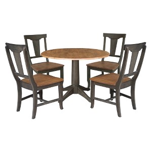 42" Round Dual Drop Leaf Dining Table with 4 Panel Back Chairs Hickory/Washed Coal - International Concepts - 1 of 4