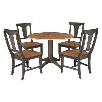 42" Round Dual Drop Leaf Dining Table with 4 Panel Back Chairs Hickory/Washed Coal - International Concepts