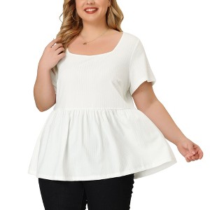 Agnes Orinda Women's Plus Size Square Neck Short Sleeve Ribbed Textured Peplum Babydoll Blouses - 1 of 4