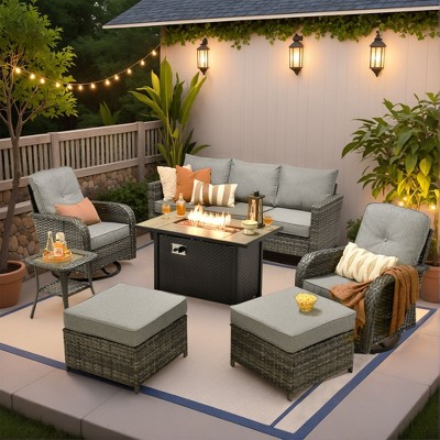 XIZZI Outdoor Rattan Sectional Sofa Set, Modular Patio Lounge Set w/ Swivel Chairs, Side Table & Optional 3-Seat Sofa/Ottomans/Firepit/Coffee Table