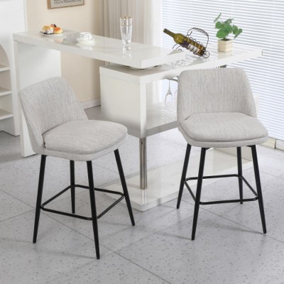 Off-White Linen Counter Height Swivel Bar Stool, Set of 2, 360° Swivel Upholstered Bar Stool