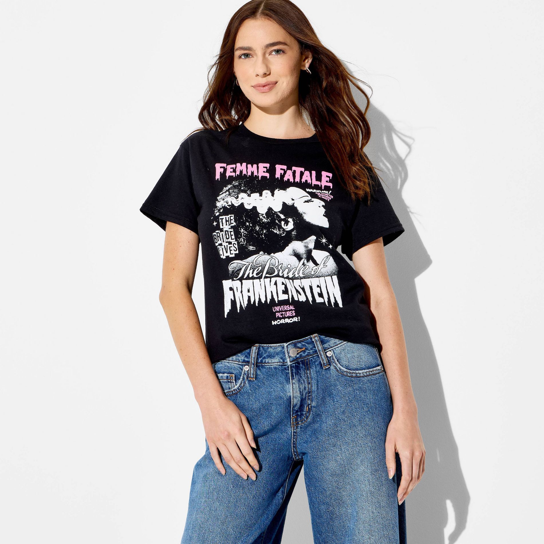 Women's Frankenstein Bride Oversized Short Sleeve Graphic T-Shirt - Black
