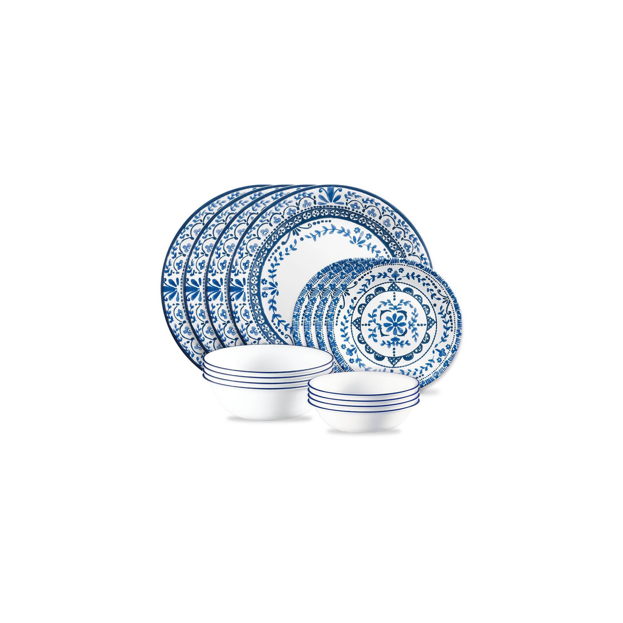 Corelle 16pc Vitrelle Portofino Dinnerware Set: White Floral Botanical Pattern, Service for 4, Includes Plates & Bowls