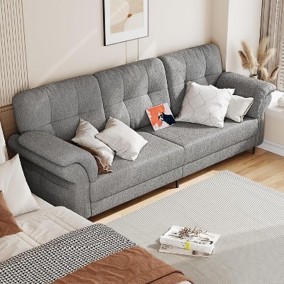 83'' Modern White Sofa 3 Seater Comfy Couch with Sponge Armrest, Iron Frame, Curved Bent Armrest, Magazine Pocket, and Deep Cushion