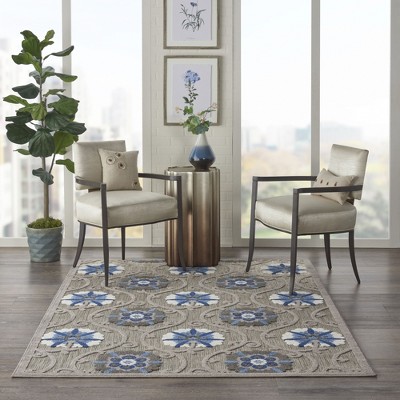 Blue and Grey Floral Synthetic 6' x 9' Reversible Rug