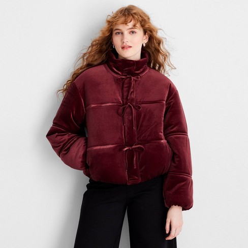 Women s Holiday Velvet Bow tie Puffer Jacket Future Collective Burgundy Target