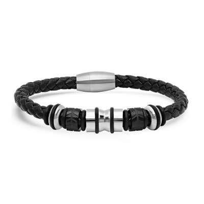 Steeltime Men's genuine black leather braided bracelet with stainless steel accents