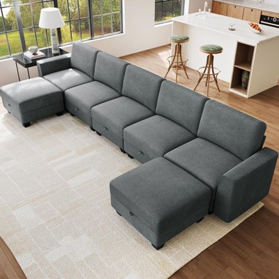 GustoWave 140''W Modular Sleeper Sofa, Sectional Sofa Bed with 7 Seat Modular Couch and Storage, Chaise
