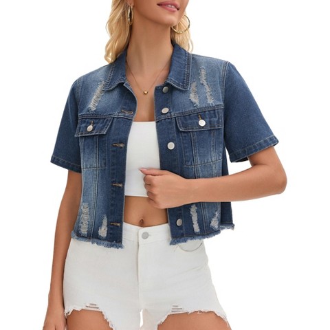 INSPIRE CHIC Women's Turndown Collar Short Sleeve Denim Button Up Ripped Frayed Cropped Jean Jacket XX-Large Blue