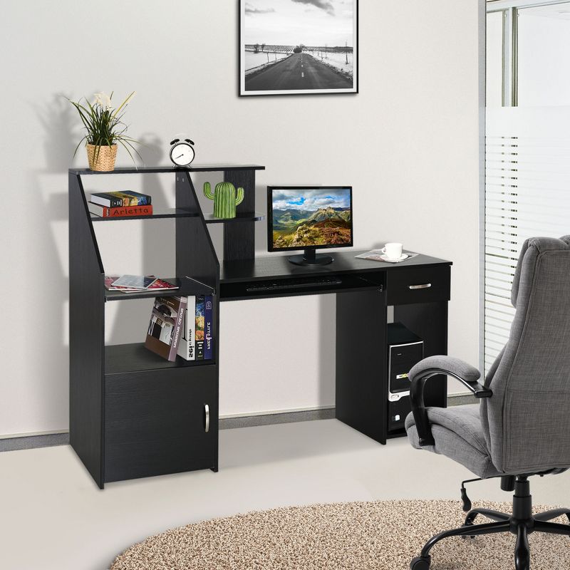 HOMCOM Computer Desk with Sliding Keyboard & Storage Shelves, Cabinet and Drawer, Home Office Gaming Table Workstation, Black Wood Grain, 2 of 8