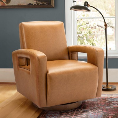 MAYEERTY Swivel Accent Chair for Living Room, Faux Leather AccentChair with Solid Wooden Base, Modern Swivel Armchair Single Sofa Chair, Brown