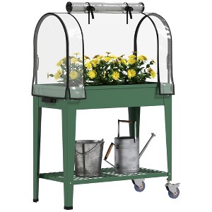 Outsunny Raised Garden Bed with Greenhouse Cover, Metal Outdoor Elevated Planter Box with Lockable Wheels, Storage Shelf and Drainage Hole, Green - 1 of 4