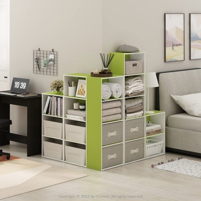 Furinno 2 Tier Compact Open Shelf Bookcase Sofa Side End Table Night Stand Storage Display Cabinet for Horizontal/Vertical Use,Green/White