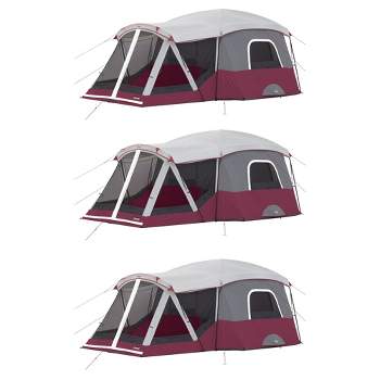 CORE Spacious 11-Person Family Outdoor Camping Cabin Tent with Screen Room, Rain Fly, Ground Stakes, and Carrying Bag, Red (3 Pack)