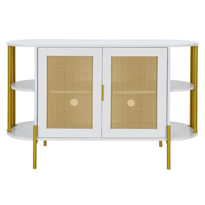 Hostack Curved Sideboard Buffet Cabinet with Woven Rattan Doors & Gold Trim for Dining Room, White