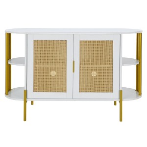 Hostack Curved Sideboard Buffet Cabinet with Woven Rattan Doors & Gold Trim for Dining Room, White - 1 of 4