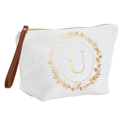 Gold Initial Personalized Makeup Bag for Women, Monogrammed Canvas Cosmetic Pouch (White, 10 x 3 x 6 In)
