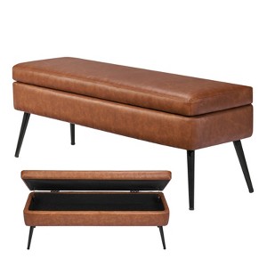 VEVOR Leather Storage Ottoman Bench, PU Leather Bench with Storage and Metal Legs, Upholstered Shoe Benches Seat for Entryway, Brown - 1 of 4