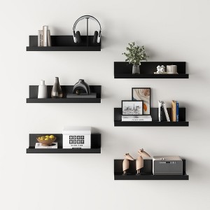 FurnitureR Floating Shelves for Wall, 15.75 Inch Wide Shelves for Decor Storage, Wall Mounted Wooden Shelves for Bedroom, Black, Set of 6 - 1 of 4