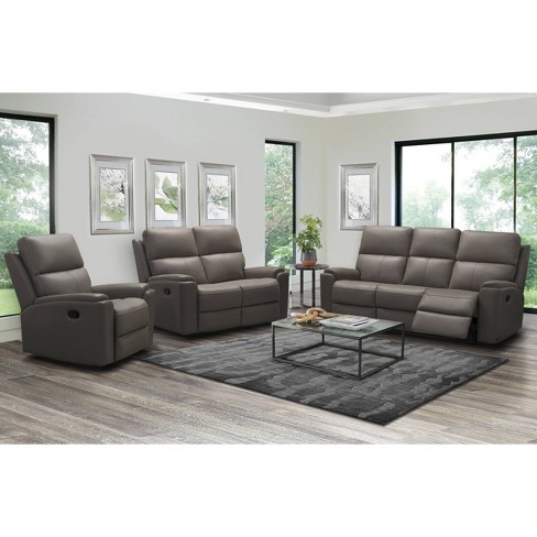 Andrew Top Grain Leather Reclining Sofa, 3 Piece Gray Leather Sofa Set
