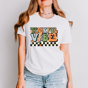 Simply Sage Market Thankful Vibes Checkered Short Sleeve Tee - M - White - 1 of 4