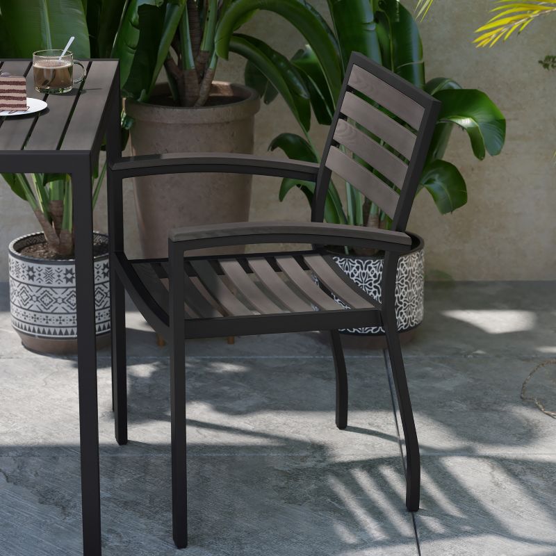 Flash Furniture 2 Pack All-Weather Black Aluminum Patio Stack Chairs - Gray Wash Faux Teak Slats, 4 of 12