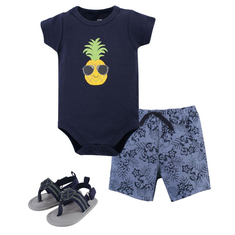 Hudson Baby Infant Boy Cotton Bodysuit, Shorts and Shoe 3pc Set, Pineapple, 1 of 6