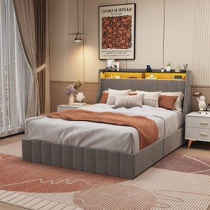 Queen Size Platform Bed Slat Support No Box Spring Needed Platform Bed Frame With LED Lighting 4 Under Of Bed Portable Storage Drawers - 1 of 4