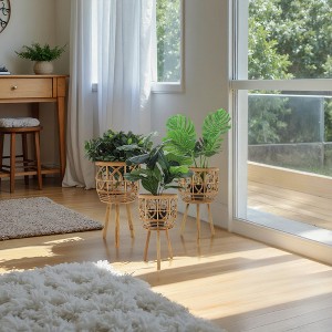 Set of 3 Wooden Planters with Stands - Handcrafted Bamboo & Plywood Plant Holders - Boho Indoor/Outdoor Home & Garden Decor - 20", 23", 26" Brown - 1 of 4