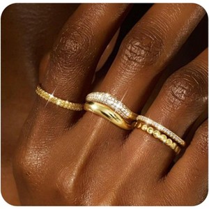 14K Gold Plated CZ Stackable Ring Set | Non-Tarnish Dainty & Chunky Bands | Promise Engagement Rings Size 6-10 - 1 of 4